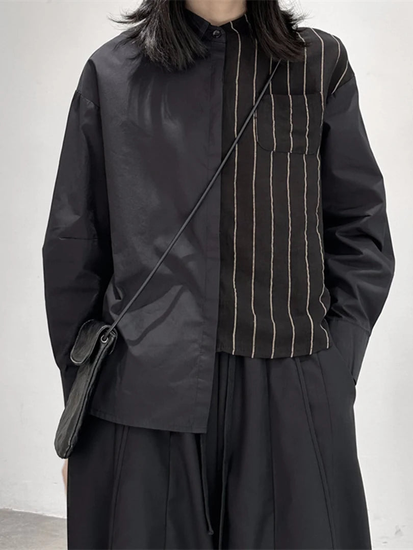 Women Striped Irregular Big Size Blouse New Lapel Long Sleeve Loose Fit Shirt Fashion Tide Spring Autumn 2025 1DF7105