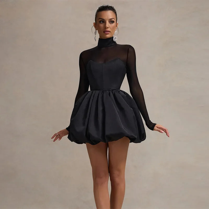 Turtleneck Sheer Long Sleeve Sexy Mini Dress For Women Black See Through High Waist A-line Club Party Dress Elegant