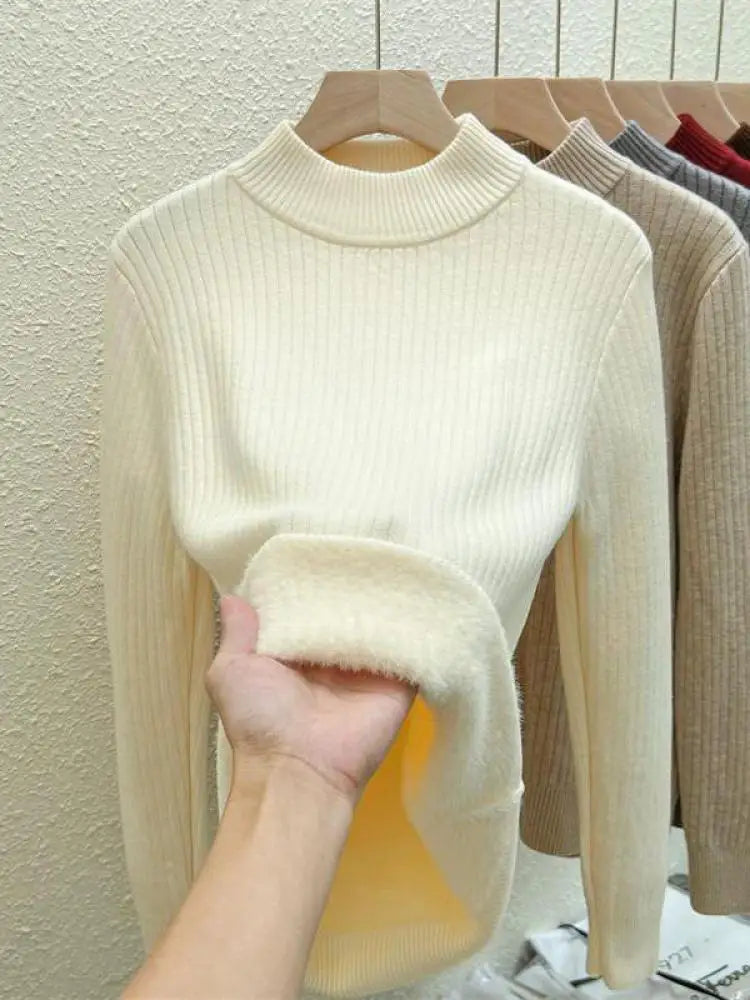 Autumn Winter Korean Fashion Solid Half High Neck Velvet Knitted Sweater Women Warm Long Sleeve Pullovers Top Versatile Clothing