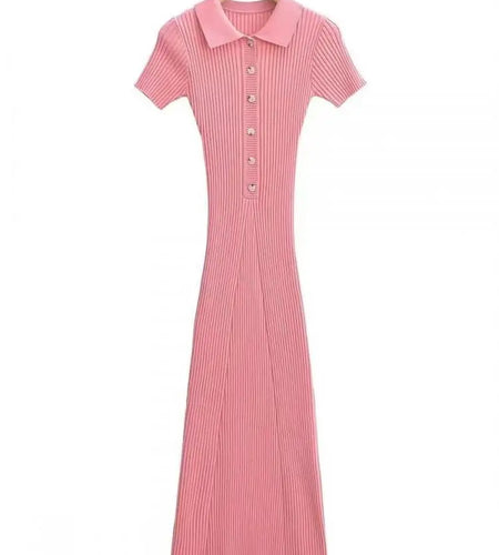 Korean Version Solid Polo Collar Single Breasted Knitted Long Dress Women's Summer Elegant Slim Short Sleeve Wrapped Hip Dresses