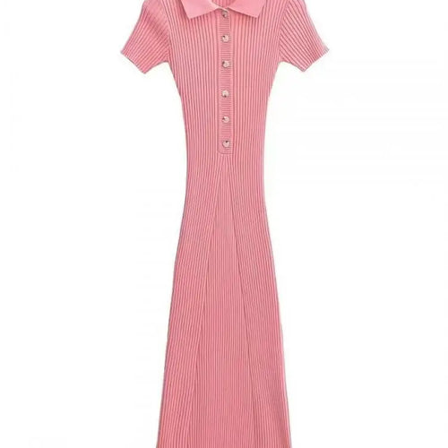 Load image into Gallery viewer, Korean Version Solid Polo Collar Single Breasted Knitted Long Dress Women's Summer Elegant Slim Short Sleeve Wrapped Hip Dresses
