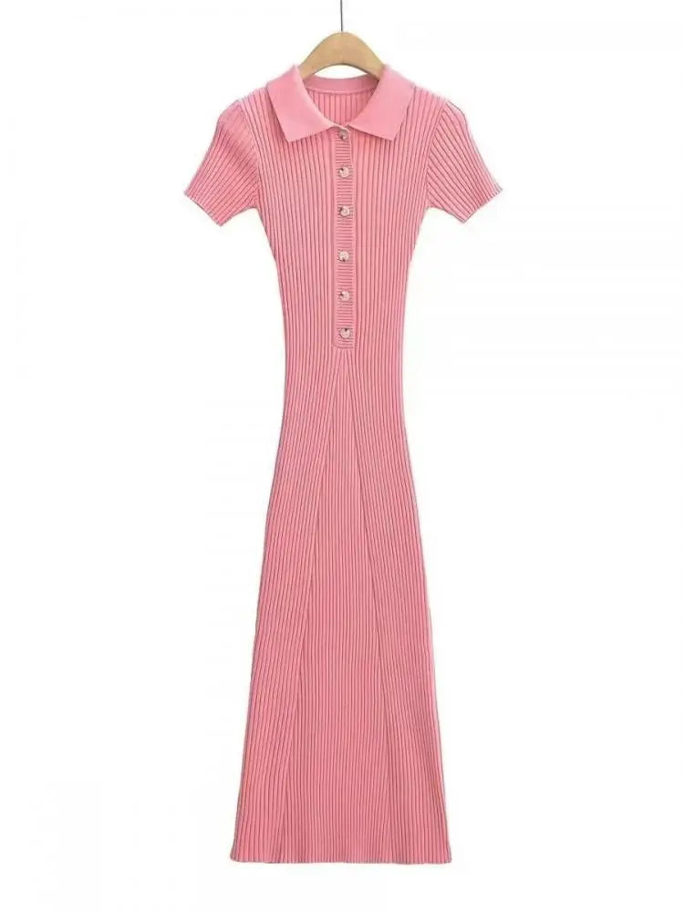 Korean Version Solid Polo Collar Single Breasted Knitted Long Dress Women's Summer Elegant Slim Short Sleeve Wrapped Hip Dresses