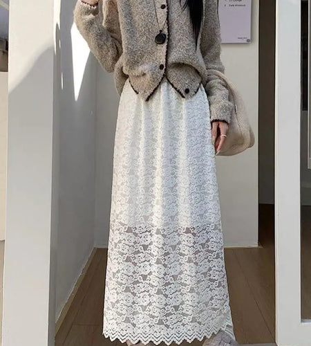 Autumn Winter Vintage White Lace Pleated A-line Split Skirt New Women Black Elegant High Waist Vacation Party Half Long Skirts