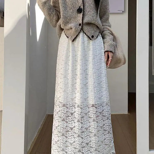 Load image into Gallery viewer, Autumn Winter Vintage White Lace Pleated A-line Split Skirt New Women Black Elegant High Waist Vacation Party Half Long Skirts
