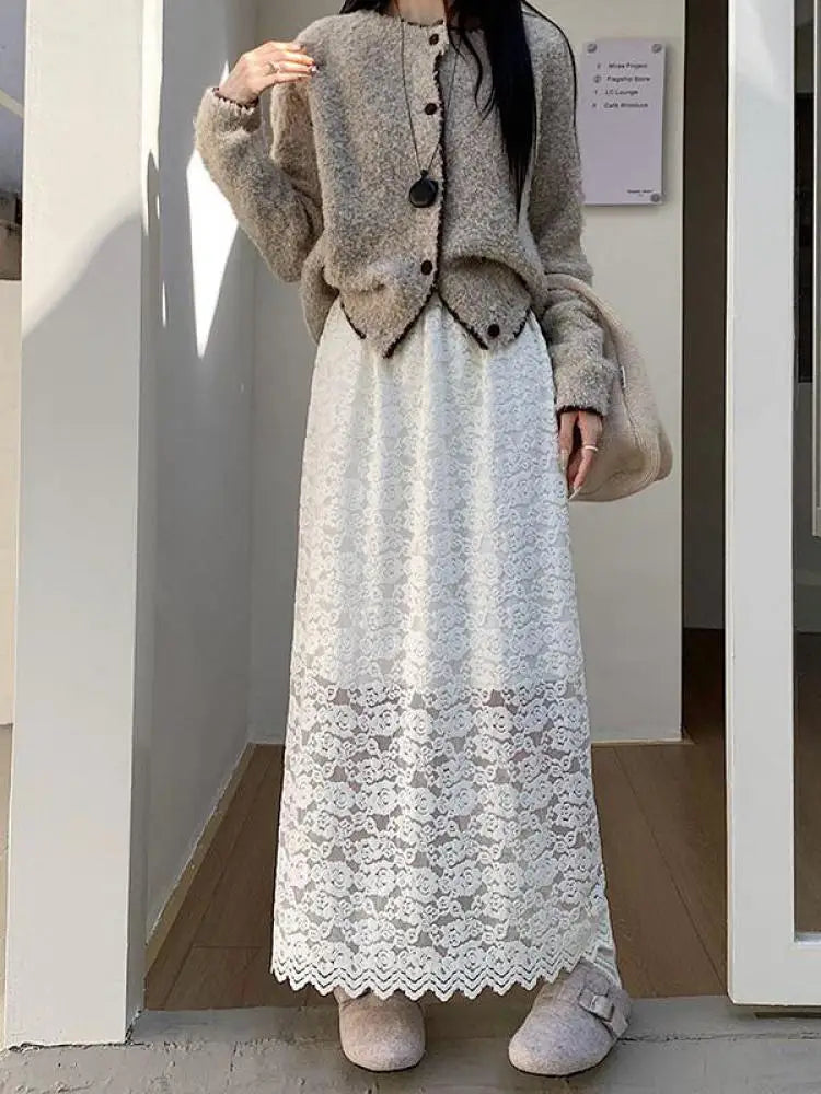 Autumn Winter Vintage White Lace Pleated A-line Split Skirt New Women Black Elegant High Waist Vacation Party Half Long Skirts