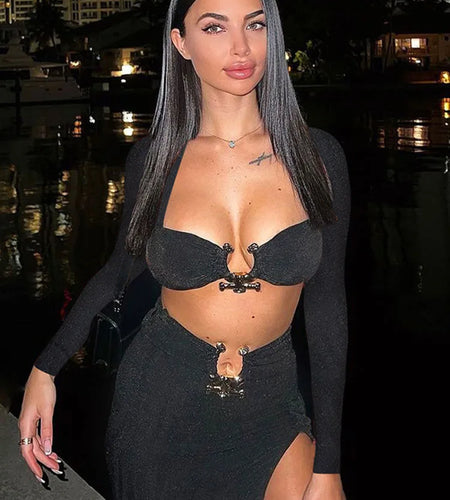 Fashion Knitted Contrast Bra Women's Two Piece Top High Waist Wrap Hip Short Skirt Set Sexy and Charming City Party 2023