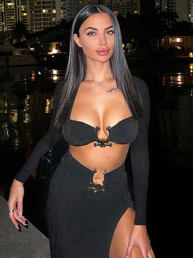 Fashion Knitted Contrast Bra Women's Two Piece Top High Waist Wrap Hip Short Skirt Set Sexy and Charming City Party 2023