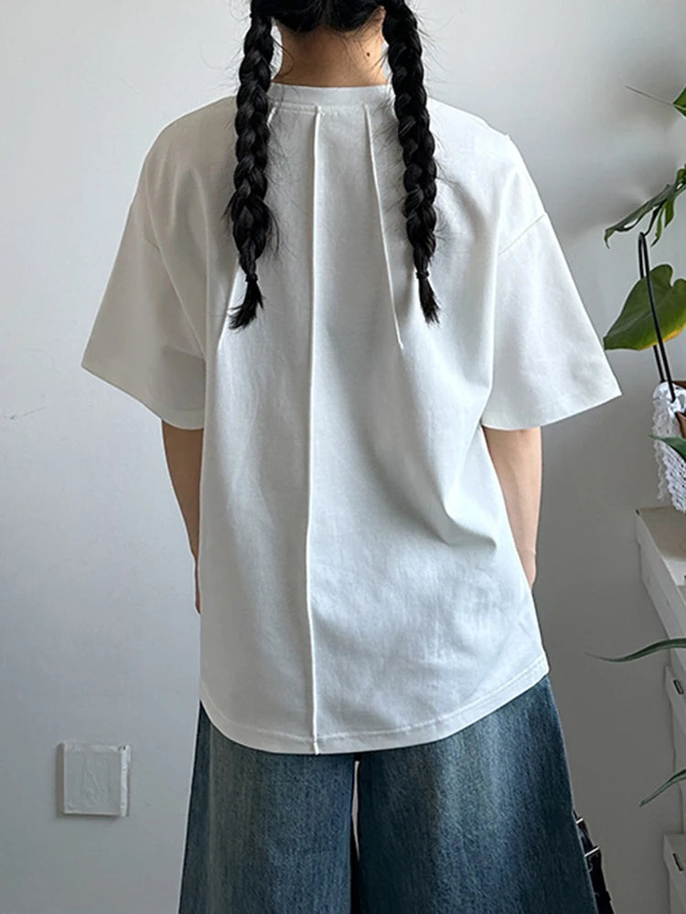 Women White Pleated Brief Big Size Casual T-shirt New Round Neck Short Sleeve Fashion Tide Spring Summer 2025 1DJ1177