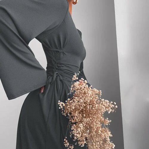 Load image into Gallery viewer, Ribbed Bandage Sexy Maxi Dress For Women Solid Lace-up O Neck Long Sleeve High Waist Elegant Long Dress Fashion
