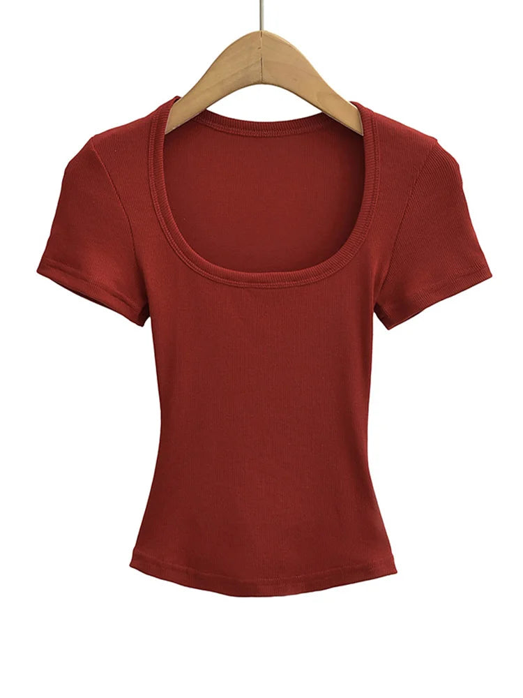 Square Collar High Stretch Summer Crop Tops Women Short Sleeve Tops Sexy Pullover Bottoming Blouses Slim T-shirt