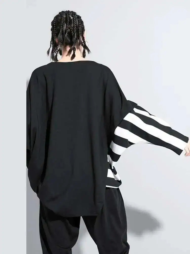 Women Black Striped Irregular Big Size Casual T-shirt New Round Neck Long Sleeve Fashion Tide Spring Autumn 2025 1DF5282