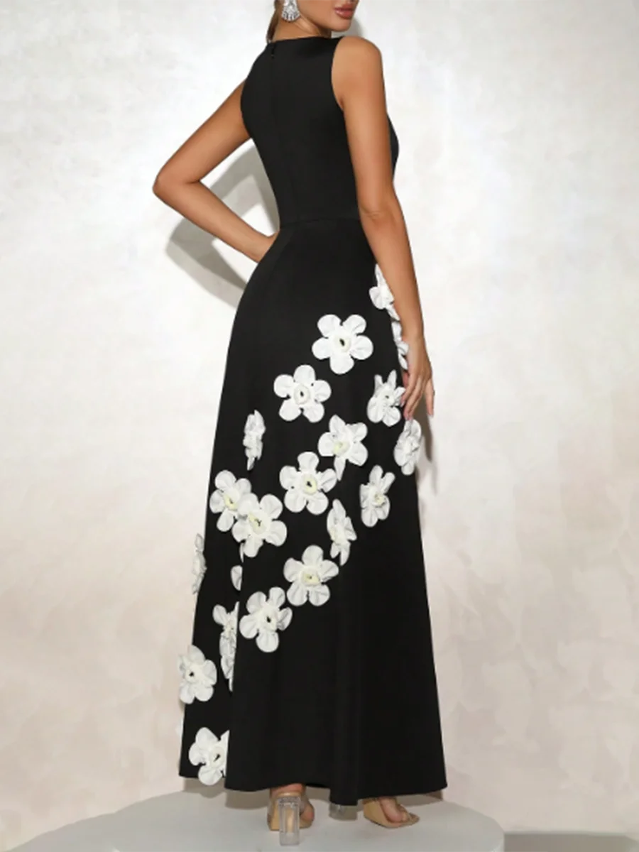 Slimming Spliced 3D Flower Temperament Dresses for Women Round Neck Sleeveless High Wasit Dress Female Clothing New