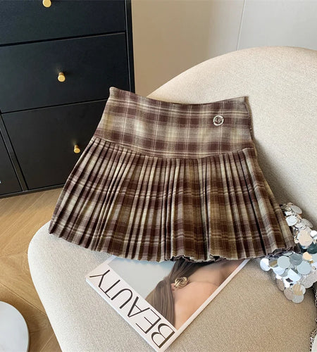 Vintage Brown Plaid Preppy Style Spring Summer Women A-line Short Pleated Skirt Y2k Red Patchwork High Waist Mini Skirt Harajuku