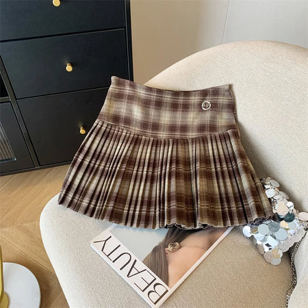 Vintage Brown Plaid Preppy Style Spring Summer Women A-line Short Pleated Skirt Y2k Red Patchwork High Waist Mini Skirt Harajuku