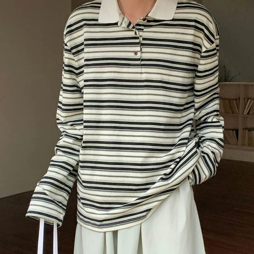 Load image into Gallery viewer, Women Green Striped Color-block Big Size Casual T-shirt New Lapel Long Sleeve Fashion Tide Spring Autumn 2025 1DJ0351
