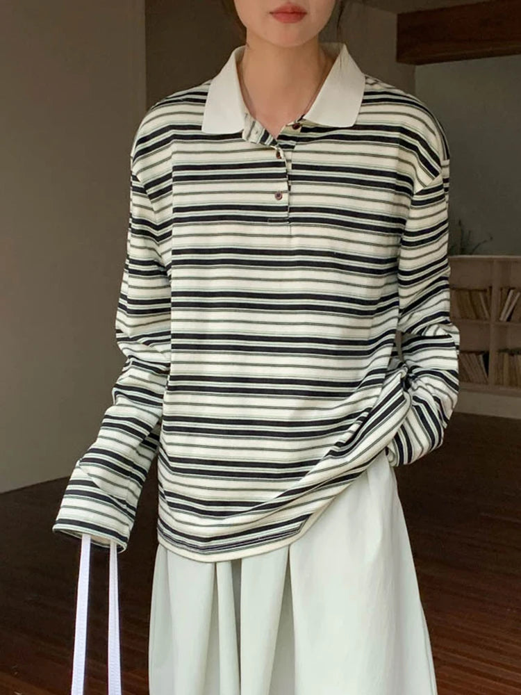 Women Green Striped Color-block Big Size Casual T-shirt New Lapel Long Sleeve Fashion Tide Spring Autumn 2025 1DJ0351