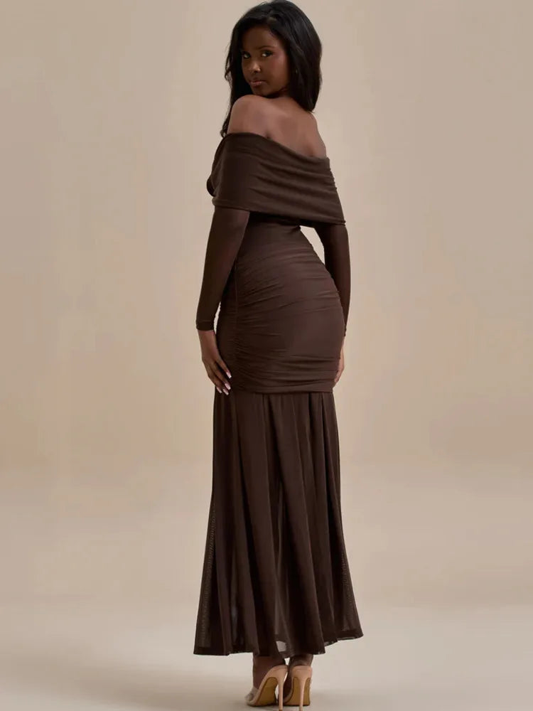 Elegant Mesh Patchwork Long Sleeve One Shoulder Bodycon Party Evening Dress Women Sexy Backless Slim New 2025 Vestido