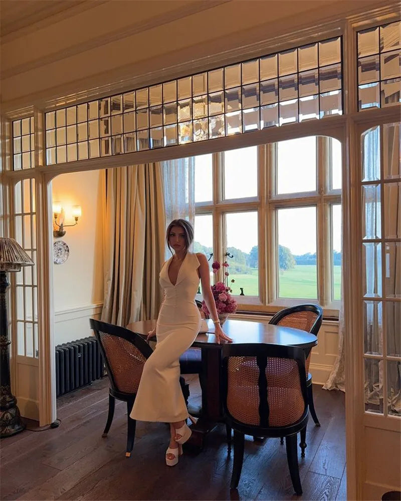 Halter Deep V Neck Sleeveless Sexy Maxi Dress For Women Elegant Backless Bodycon Tank Dress Femme Fashion Long Dress