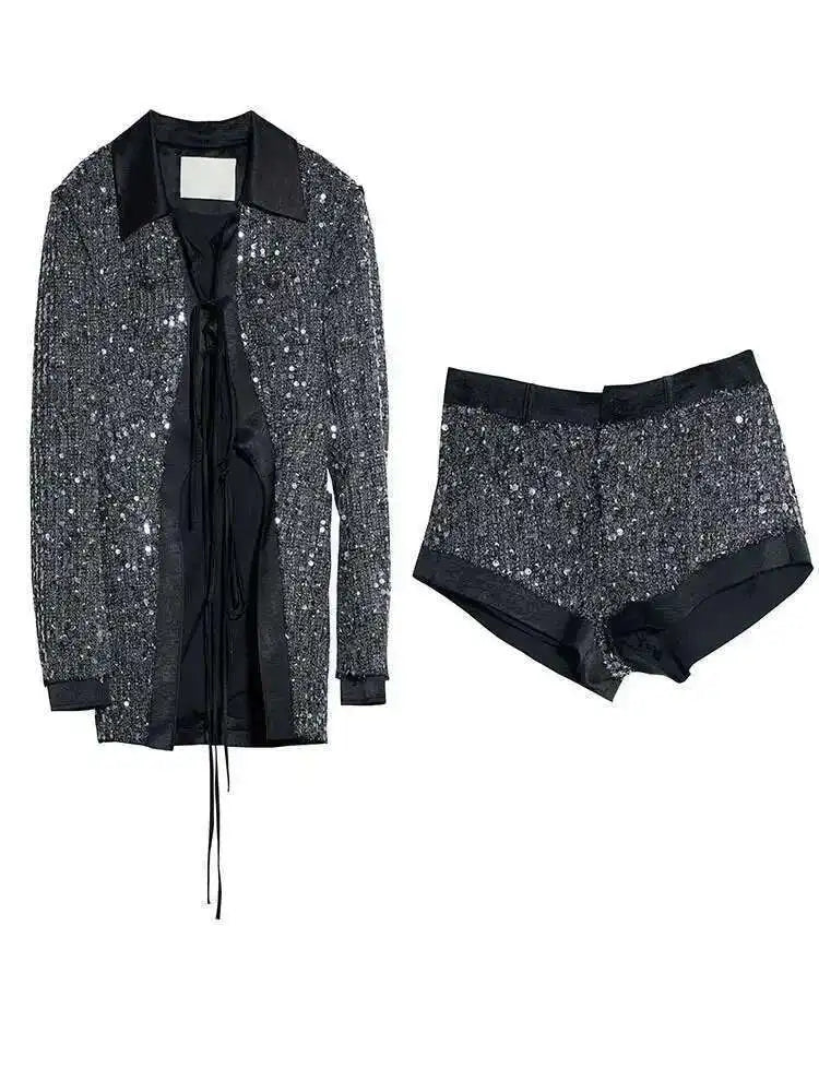 Sequins Shining Blazer Wide Leg Shorts Two Piece Suit New Lapel Long Sleeve Women Fashion Tide Spring Autumn 2025  1DH7070