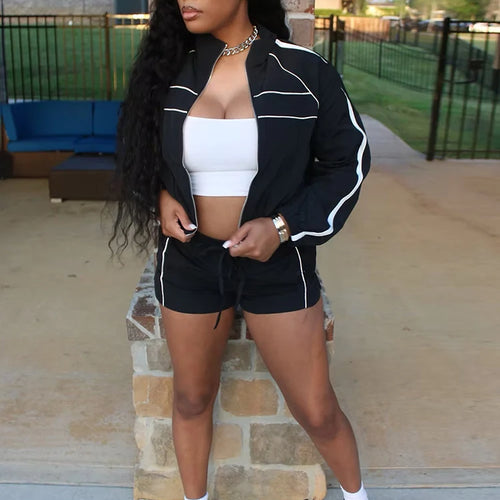 Load image into Gallery viewer, Fashion Casual Sporty 2 Piece Set Women Zipper Cardigan Polo-Neck Jacket+Drawstring Skinny Shorts Daily Slim Tracksuits
