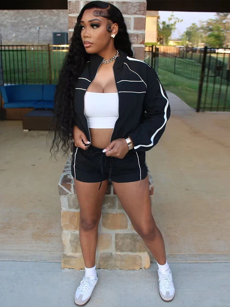 Fashion Casual Sporty 2 Piece Set Women Zipper Cardigan Polo-Neck Jacket+Drawstring Skinny Shorts Daily Slim Tracksuits