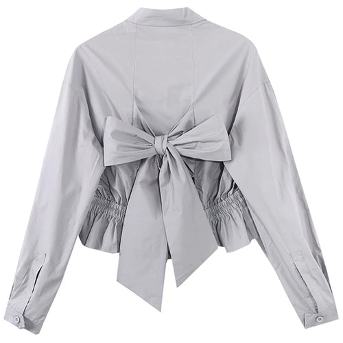 Load image into Gallery viewer, Patchwork Ruffle Shirts For Women Lapel Collar Long Sleeve Ruched Hollow Out Short Shirts Female Fashion
