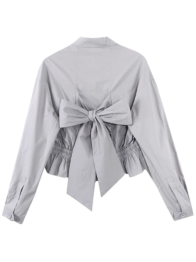 Patchwork Ruffle Shirts For Women Lapel Collar Long Sleeve Ruched Hollow Out Short Shirts Female Fashion