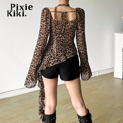 Load image into Gallery viewer, Leopard Print Mesh Sheer Sexy Tops for Women Asymmetrical Ruffled Flare Sleeve Shirts &amp; Blouses Fall 2024 P71-DE15
