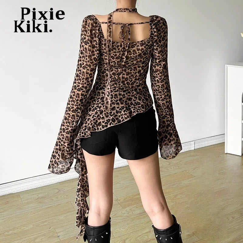 Leopard Print Mesh Sheer Sexy Tops for Women Asymmetrical Ruffled Flare Sleeve Shirts & Blouses Fall 2024 P71-DE15