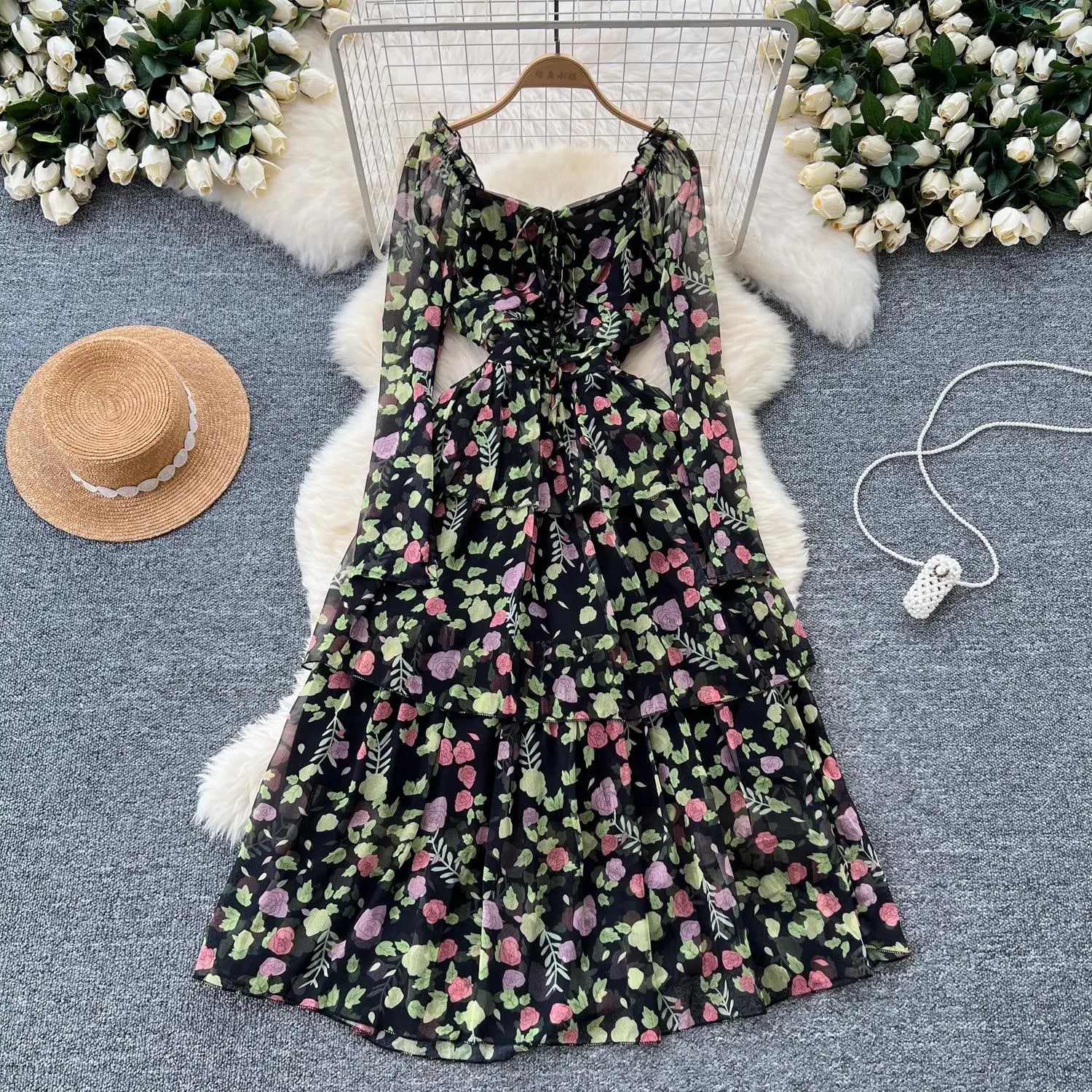 Vintage Autumn Flower Elegant Square Neck Lace-up Cake Dress Women Long Sleeves Festival Pleated Sundress Fashion Bohemian Trend