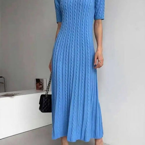 Load image into Gallery viewer, Summer Blue Pink Short Sleeve Twists Knitted Dress For Women White V Neck Slim Holiday Long Dress 2025 Simplicity Fashion Casual
