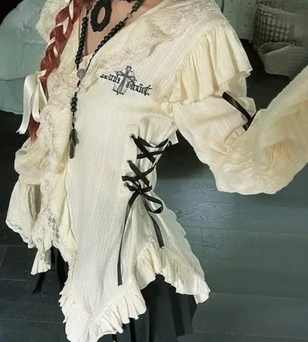 Grunge Gothic Mall Goth Harajuku Y2k Aesthetics Lace Shirt Lolita Fairy Bandage Blouses Fashion Irregular Top