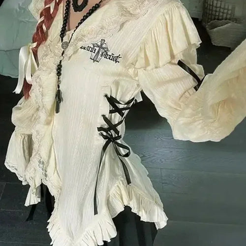 Load image into Gallery viewer, Grunge Gothic Mall Goth Harajuku Y2k Aesthetics Lace Shirt Lolita Fairy Bandage Blouses Fashion Irregular Top
