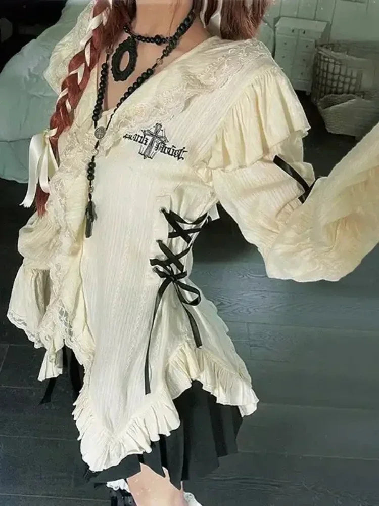 Grunge Gothic Mall Goth Harajuku Y2k Aesthetics Lace Shirt Lolita Fairy Bandage Blouses Fashion Irregular Top