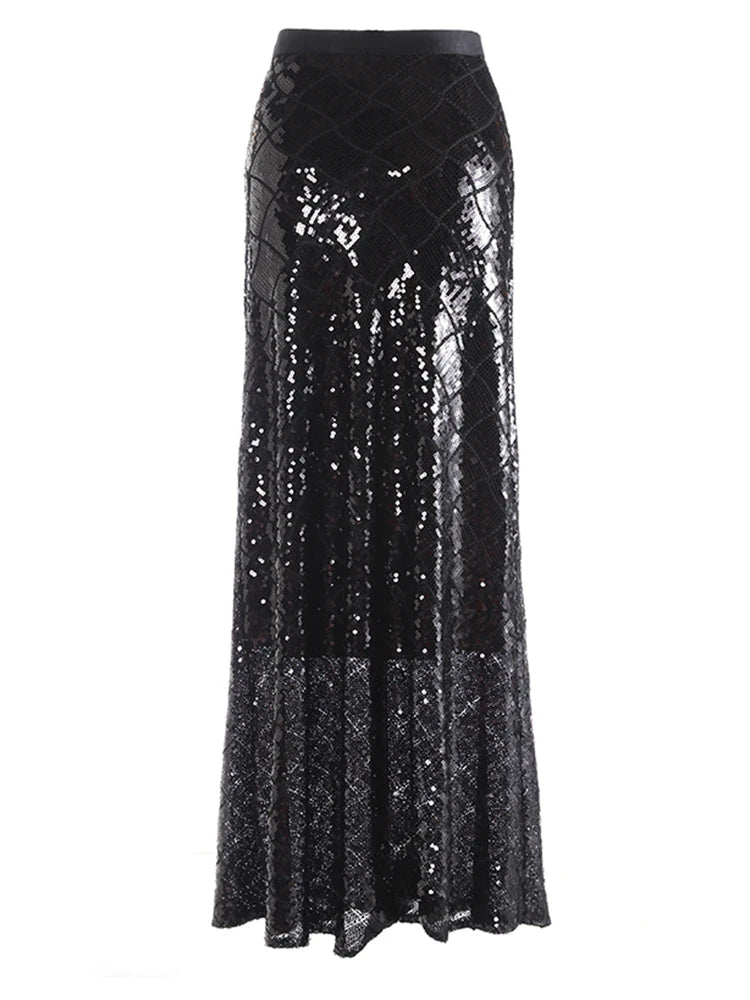 High Waist Black Sequins Shining Floor-Length Elegant Half-body Skirt Women Fashion Tide New Spring Autumn 2025  1DJ0272