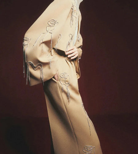 Solid Spliced Embroidery Two Piece Sets for Women Round Neck Long Sleeves Top High Waist Wide Leg Pant Set Female