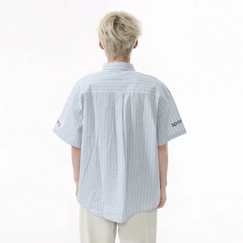 Men's Short Sleeve Shirts Plaid Collar Design New Summer Shirt Letter Printed Trendy Casual Loose Male Clothing 9W1593