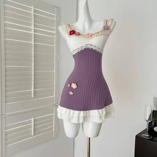 Load image into Gallery viewer, Summer French Vintage Purple Patchwork Lace Elegant Backless Slim Party Dress Women Square Neck Sleeveless Ruffles Slip Dresses
