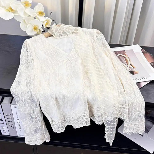 Load image into Gallery viewer, French Vintage Women Beige Lace Embroidery V Neck Long Sleeve Shirt Spring Elegant Holiday Short Tops Popular Versatile Clothes
