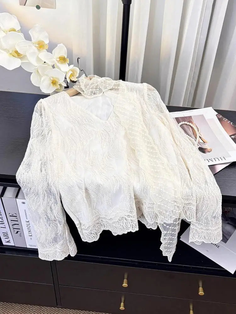 French Vintage Women Beige Lace Embroidery V Neck Long Sleeve Shirt Spring Elegant Holiday Short Tops Popular Versatile Clothes