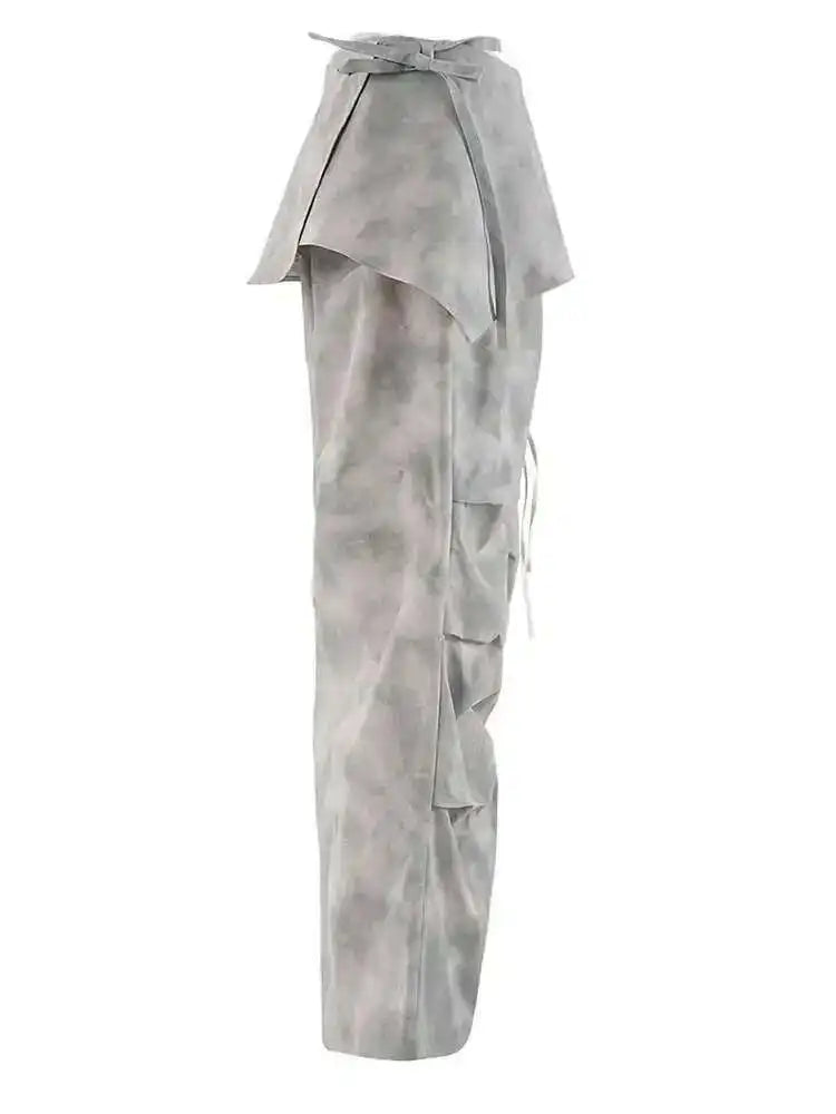 High Waist Gray Printed Pleated Drawstring Long Wide Leg Pants New Trousers Women Fashion Tide Spring Autumn 2025 CPDB314