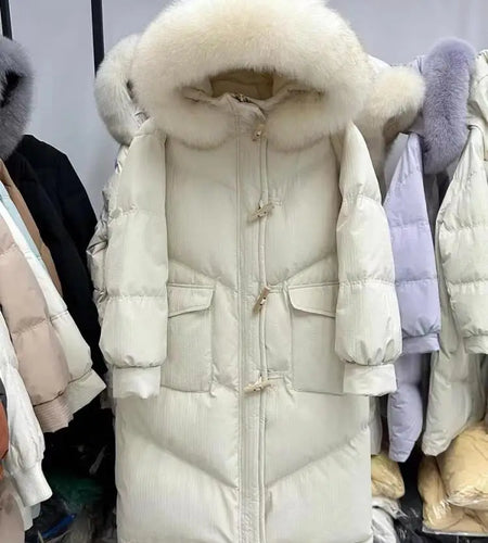 New 2024 Winter Women Beige Black Long Down Cotton Jackets Korean Version Loose Warm Casual Blue Hooded Thick Coat Streetwear