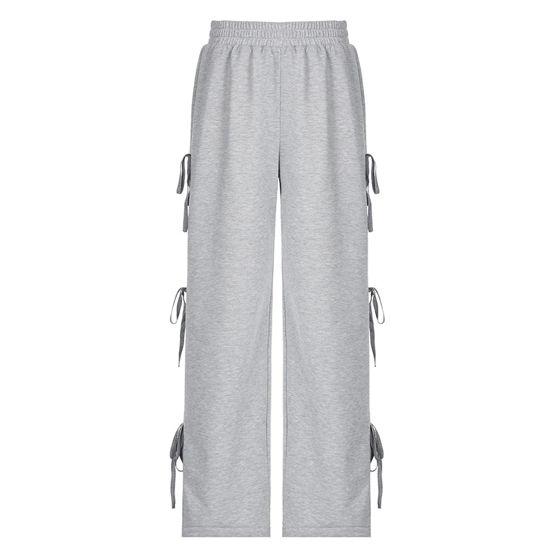 Casual Loose Grey Sweatpants Side Tie-Up Folds Sporty Chic Women Trousers Oversized Straight Leg Joggers Preppy Style