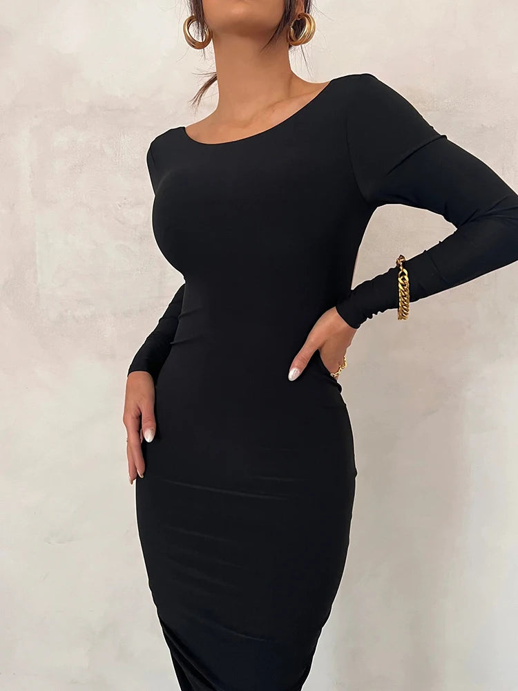 Sexy Backless Ruched Maxi Dress Women White Long Sleeve Evening Dresses Female Autumn Skinny Elegant Party Clubwear 2022