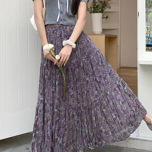 Load image into Gallery viewer, Women Purple Flower Elastic High Waist A-line Pleated Long Skirt Spring Summer New Beach Skirt Fashion Versatile Trendy Bohemian
