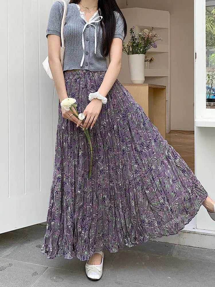 Women Purple Flower Elastic High Waist A-line Pleated Long Skirt Spring Summer New Beach Skirt Fashion Versatile Trendy Bohemian