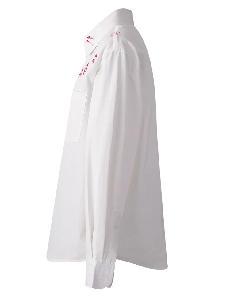 Women White Pattern Printed Big Size Casual Blouse New Lapel Long Sleeve Shirt Fashion Tide Spring Autumn 2025  CPG3062