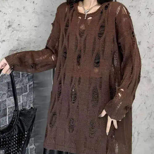 Load image into Gallery viewer, Brown Hollow Out Big Size Knitting Sweater Round Neck Long Sleeve Women Pullovers New Fashion Spring Autumn 2025 1DH6883
