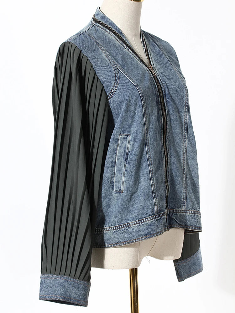 Black Pleated Color-block Denim Jacket New Stand Collar Long Sleeve Women Coat Fashion Tide Spring Autumn 2025 7AB3764