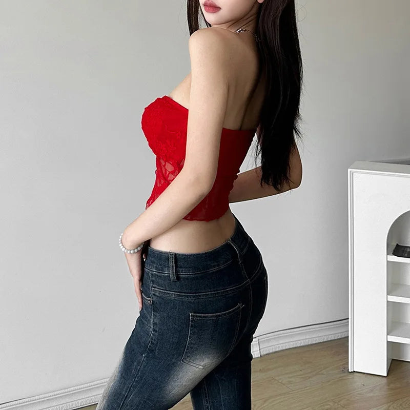 y2k Tube Top Women Fairy Coquette Clothing Solid Color Off Shoulder Strapless Asymmetrical Hem Lace Bandeau 2000s Vest